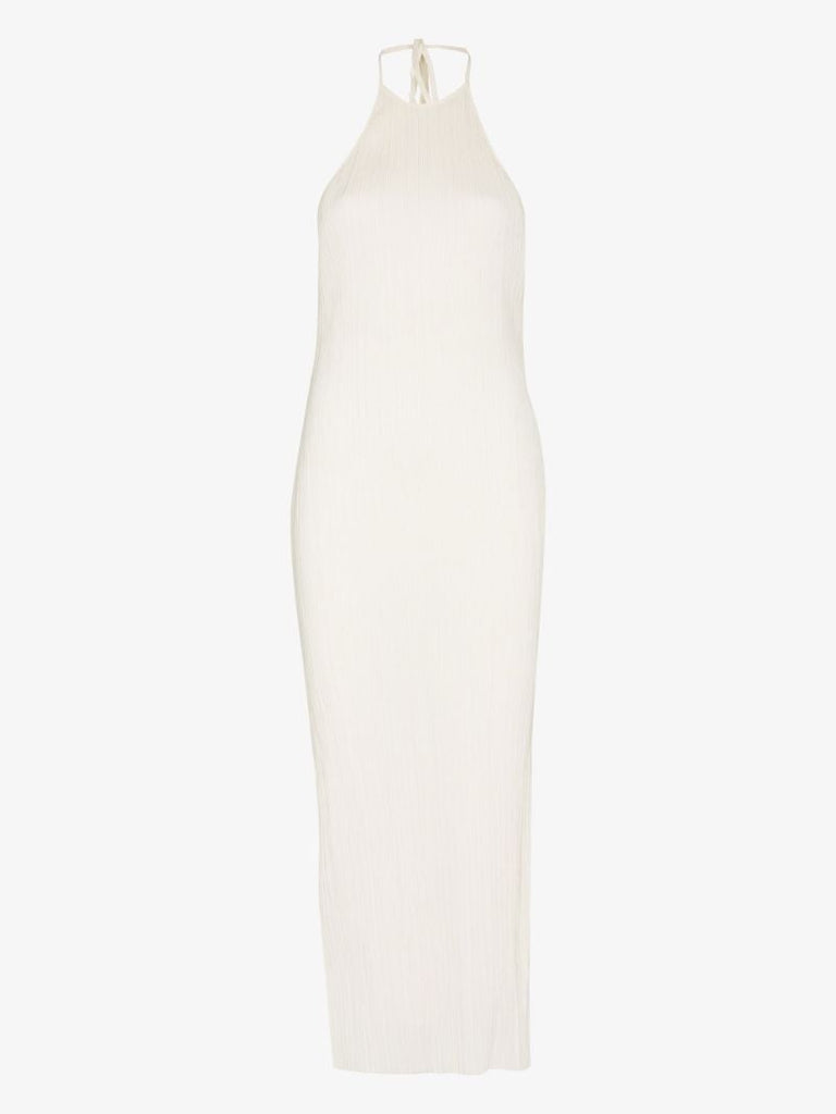 Neutral Pleated Halterneck Midi Dress