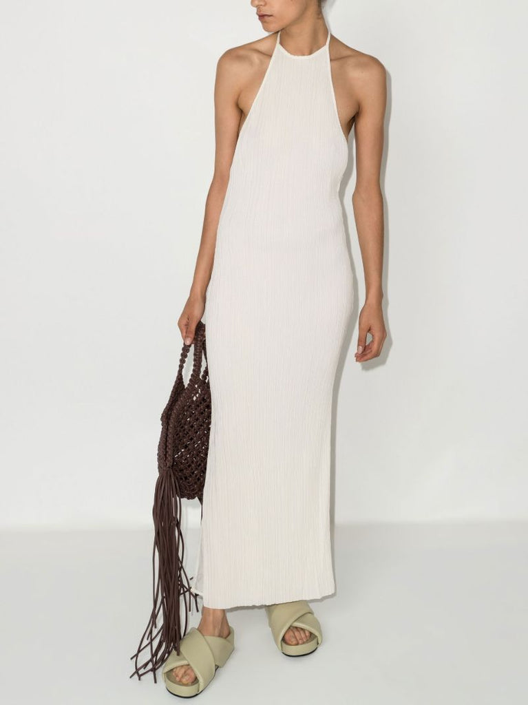 Neutral Pleated Halterneck Midi Dress
