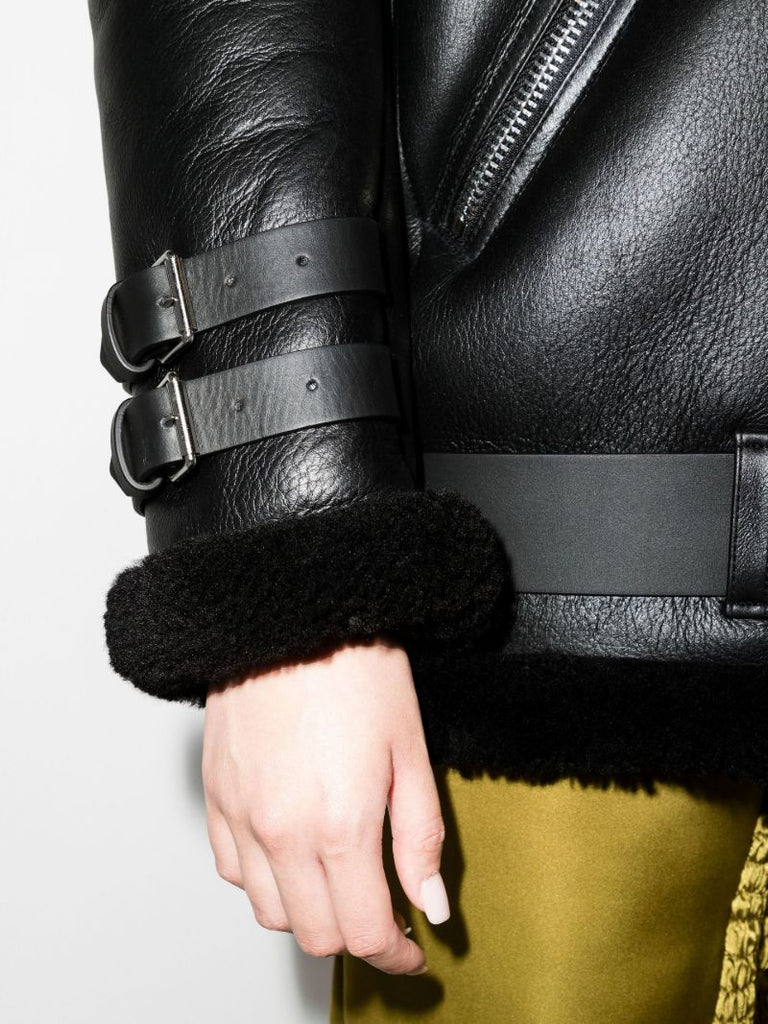 Black Shearling Leather Biker Jacket