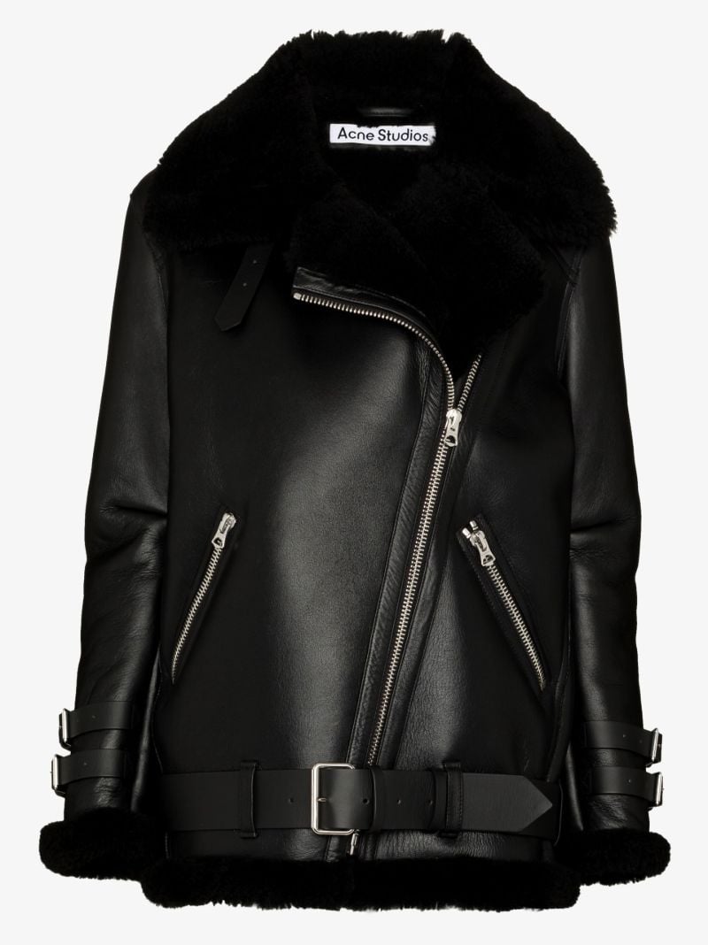 Black Shearling Leather Biker Jacket