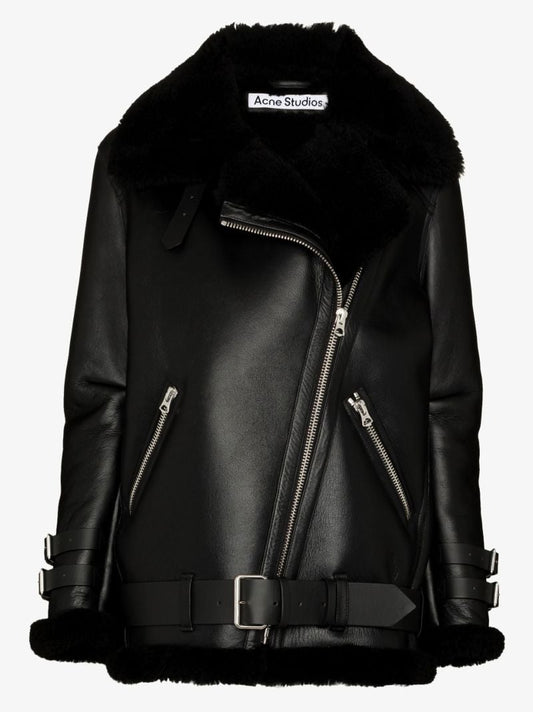 Black Shearling Leather Biker Jacket