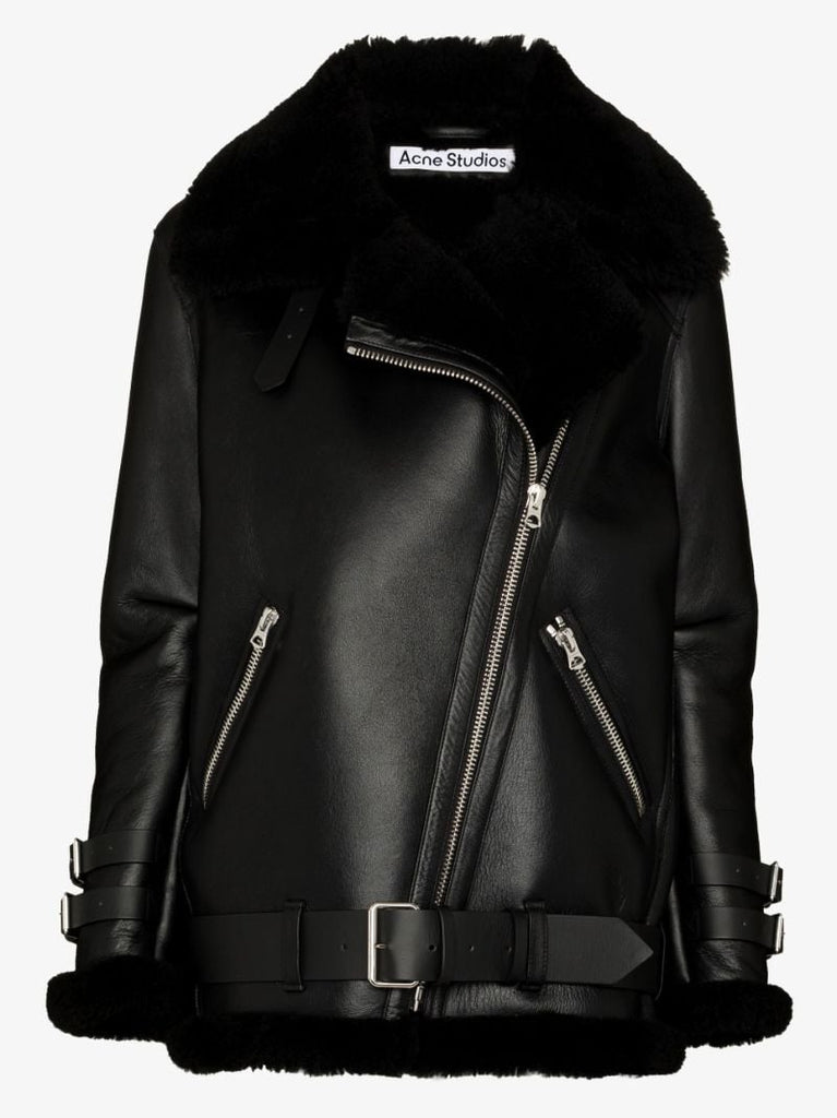 Black Shearling Leather Biker Jacket