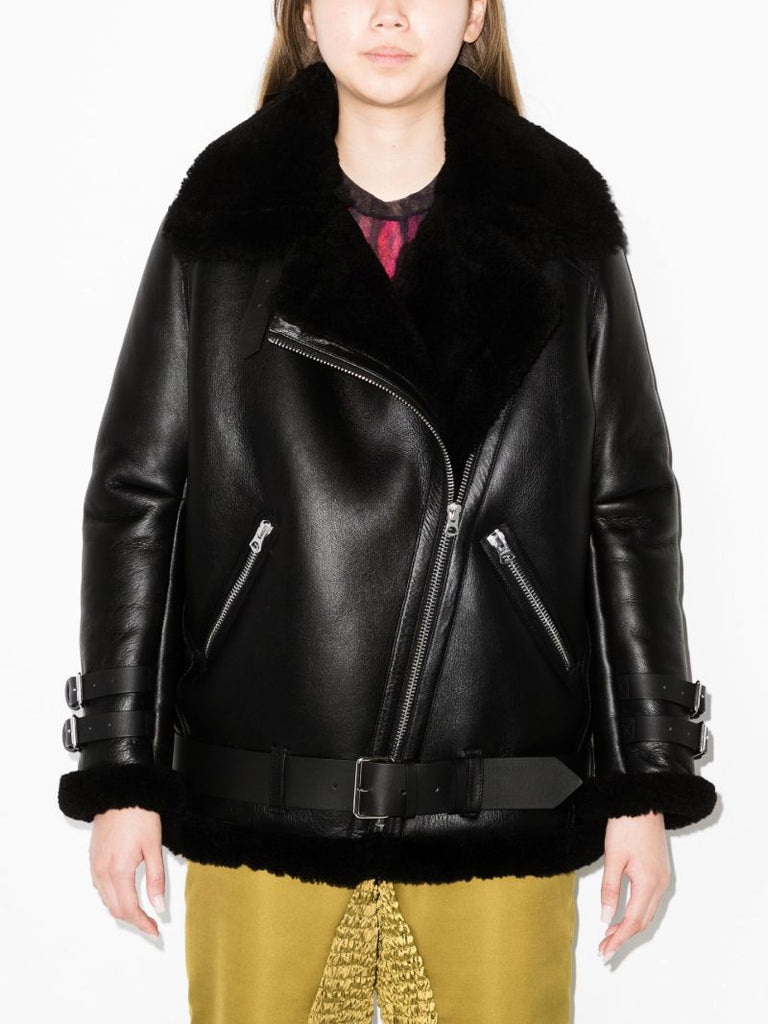 Black Shearling Leather Biker Jacket
