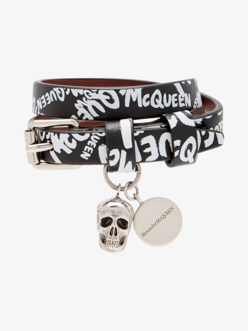 Black Graffiti Logo Skull Wrap Leather Bracelet