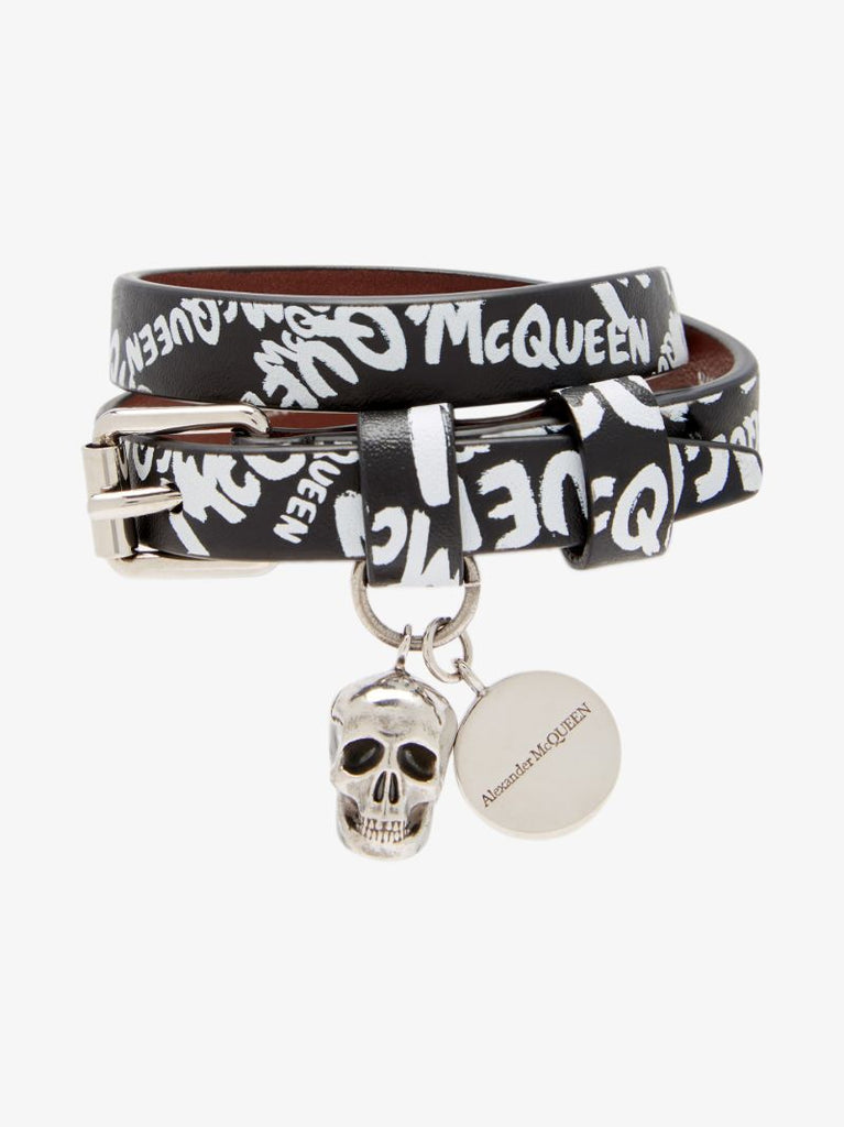 Black Graffiti Logo Skull Wrap Leather Bracelet