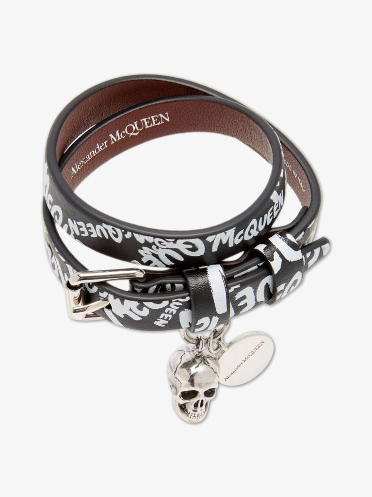 Black Graffiti Logo Skull Wrap Leather Bracelet