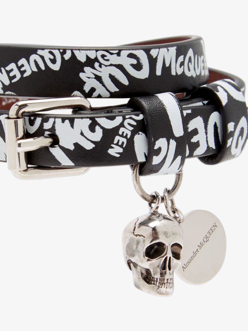Black Graffiti Logo Skull Wrap Leather Bracelet