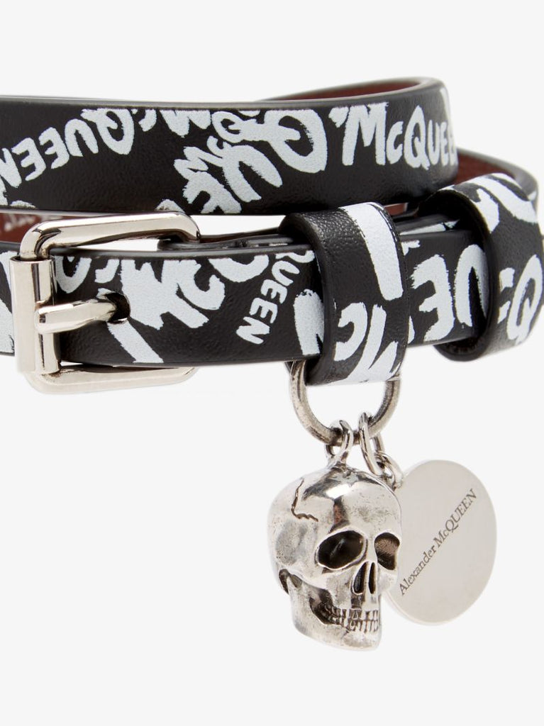 Black Graffiti Logo Skull Wrap Leather Bracelet