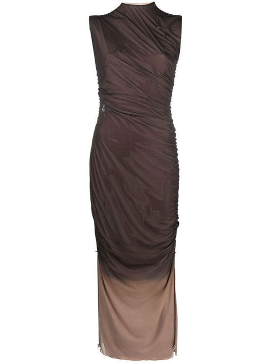 Brown Antares Ruched Two-tone Midi Dress