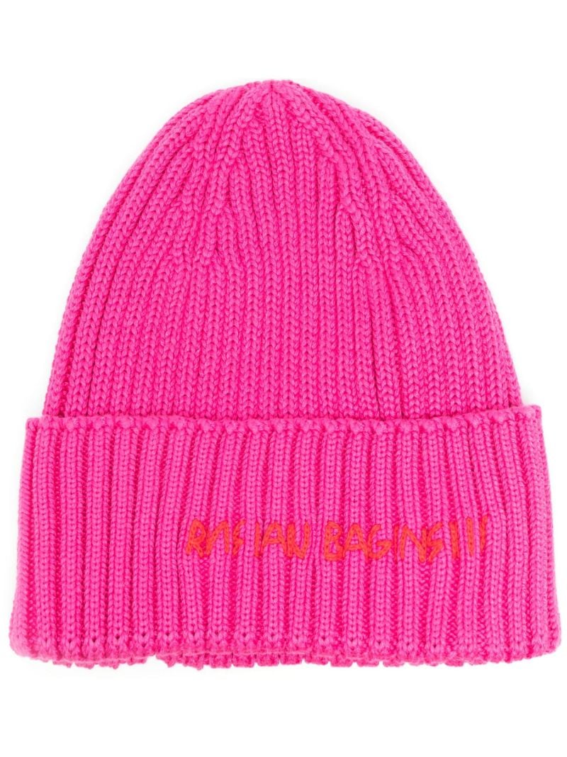 Pink Logo Ribbed Knit Beanie Hat