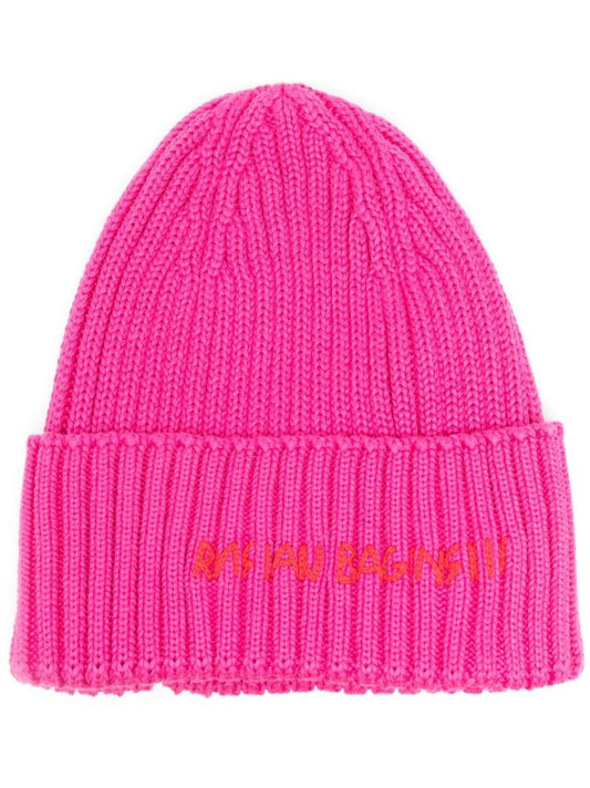 Pink Logo Ribbed Knit Beanie Hat