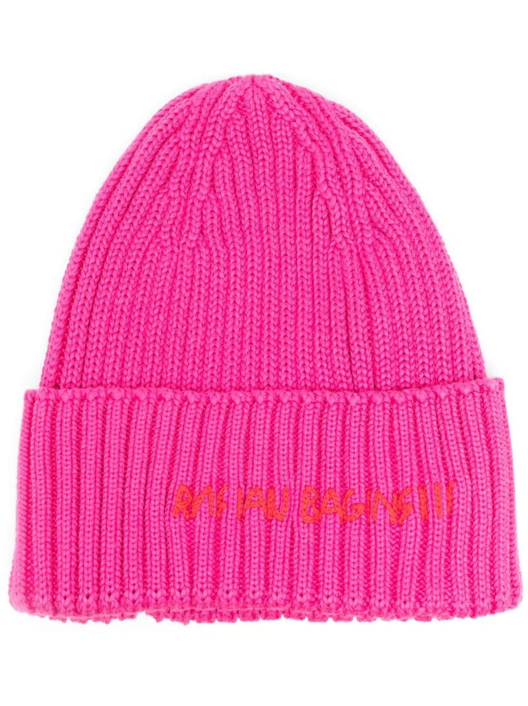 Pink Logo Ribbed Knit Beanie Hat