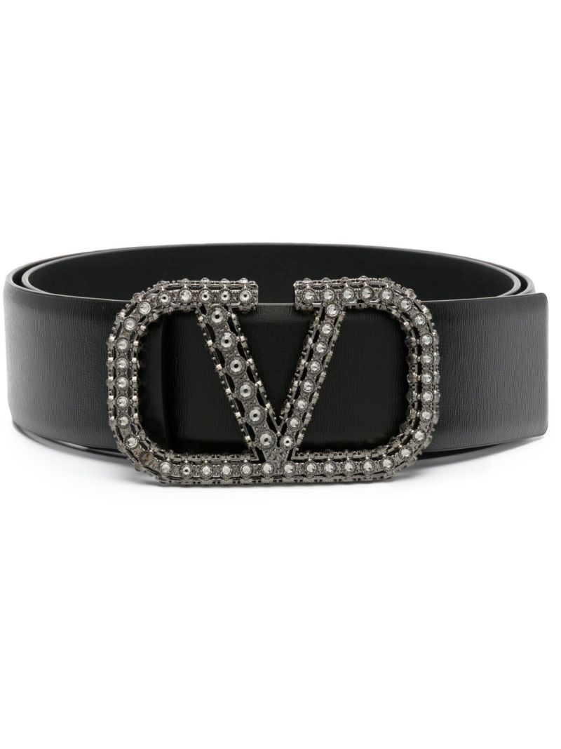 Black Vlogo Signature Crystal Embellished Leather Belt