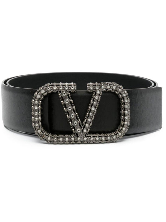 Black Vlogo Signature Crystal Embellished Leather Belt