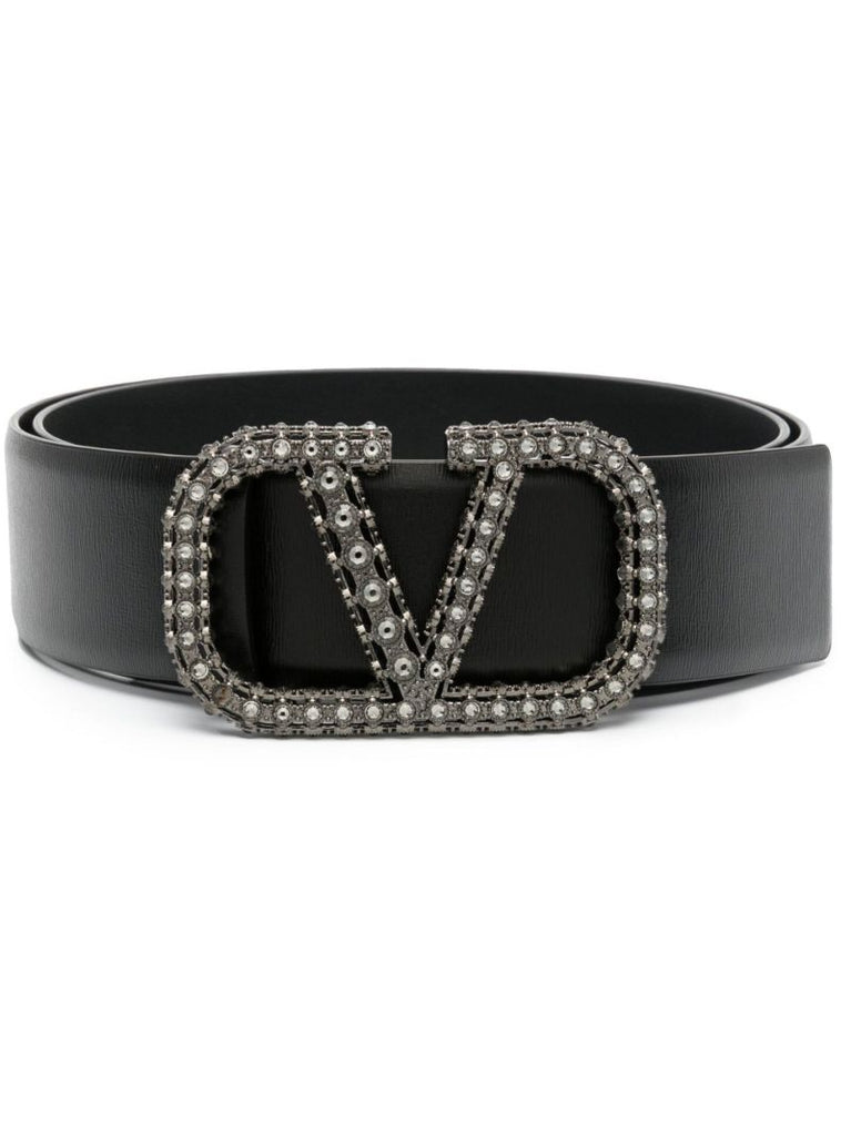 Black Vlogo Signature Crystal Embellished Leather Belt