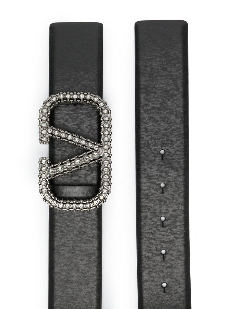 Black Vlogo Signature Crystal Embellished Leather Belt