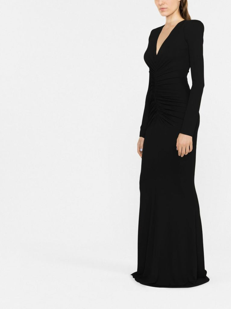Black Ruched Plunge Neck Gown