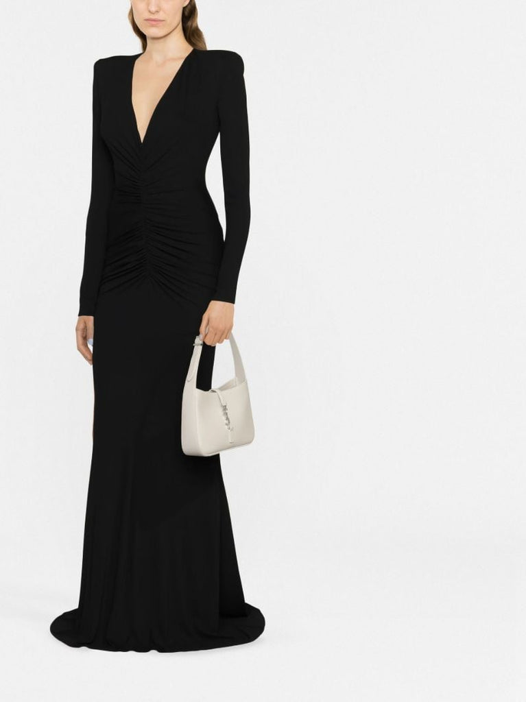 Black Ruched Plunge Neck Gown