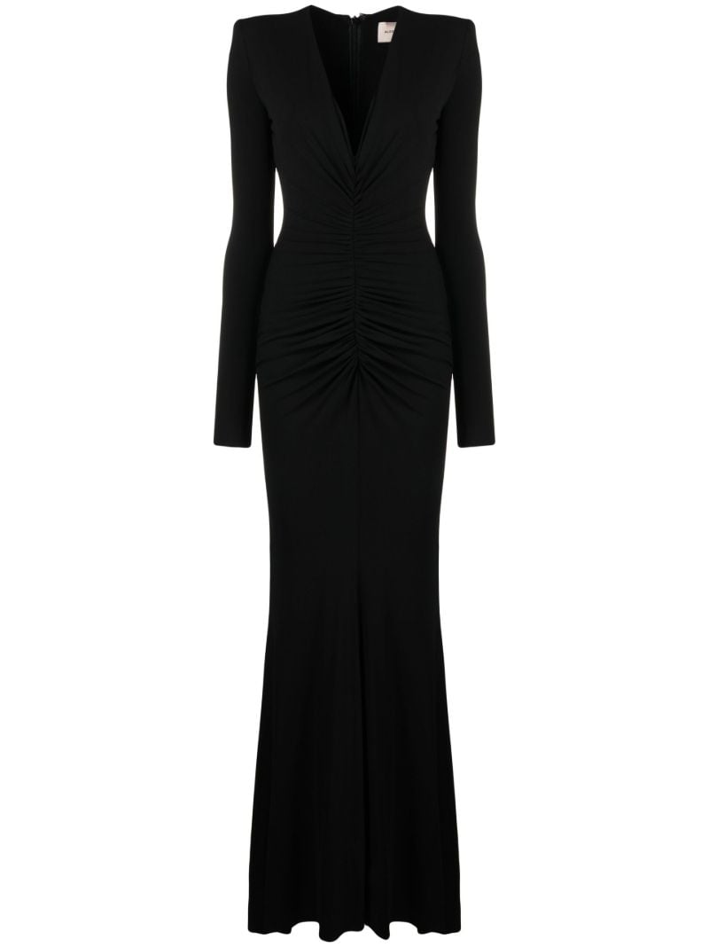 Black Ruched Plunge Neck Gown