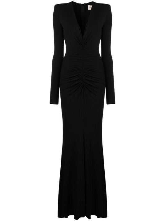 Black Ruched Plunge Neck Gown