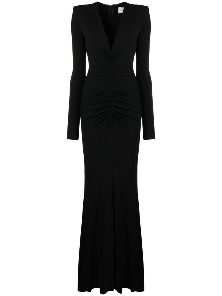 Black Ruched Plunge Neck Gown