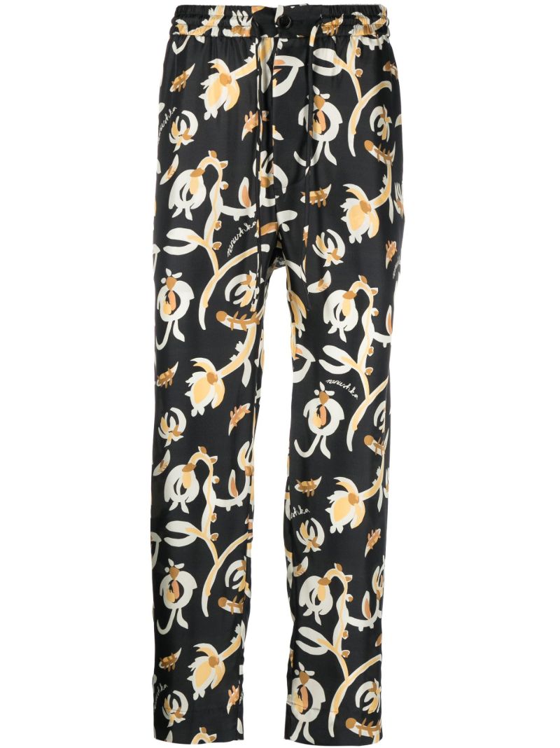Black Jain Floral Print Silk Track Pants