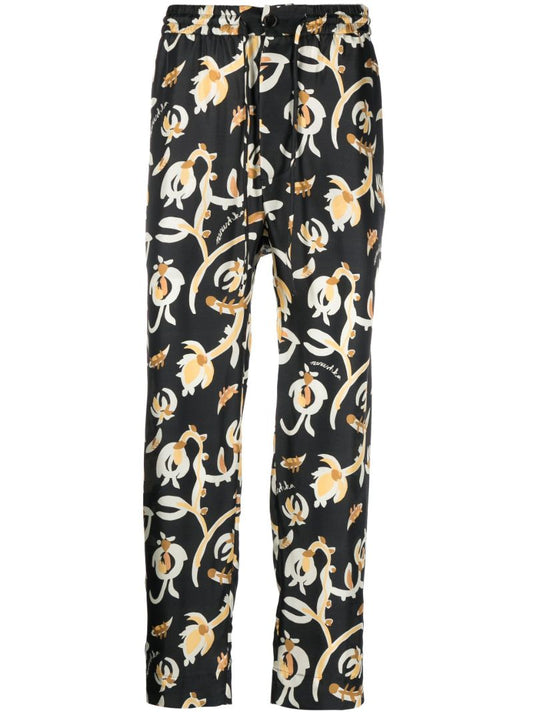 Black Jain Floral Print Silk Track Pants
