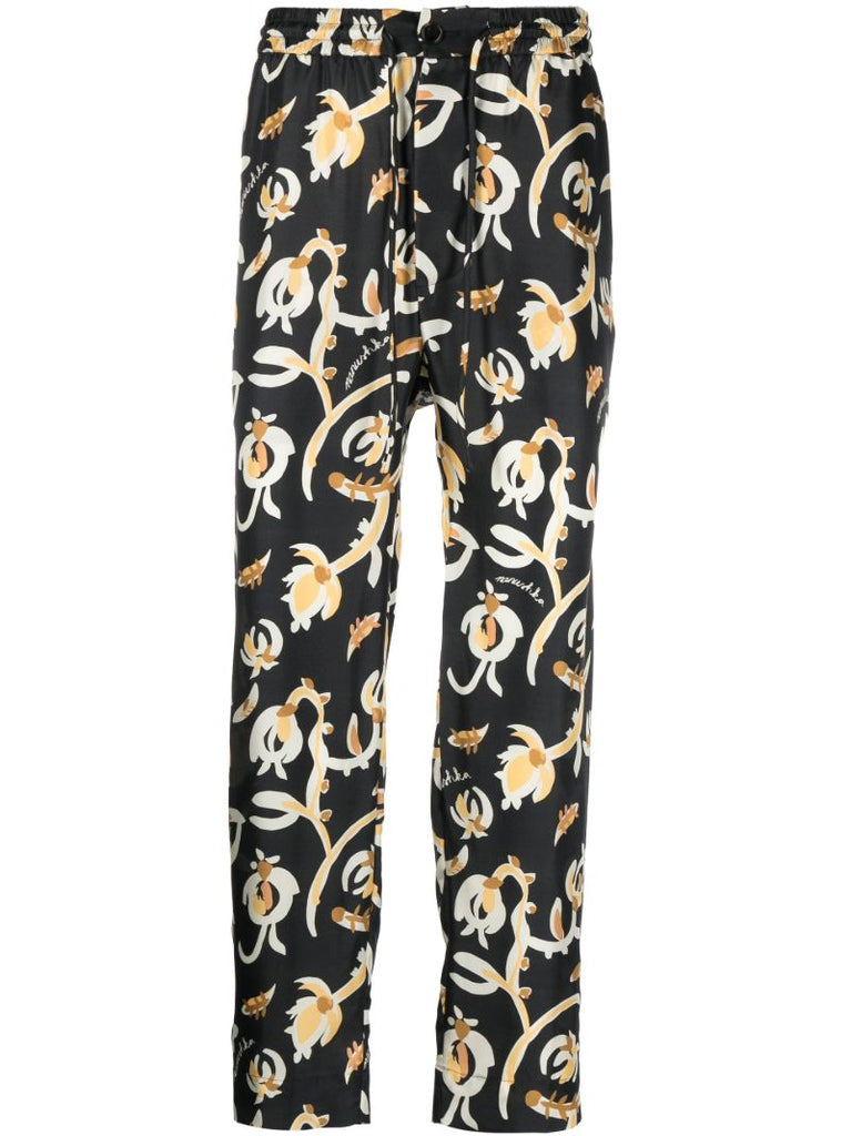 Black Jain Floral Print Silk Track Pants