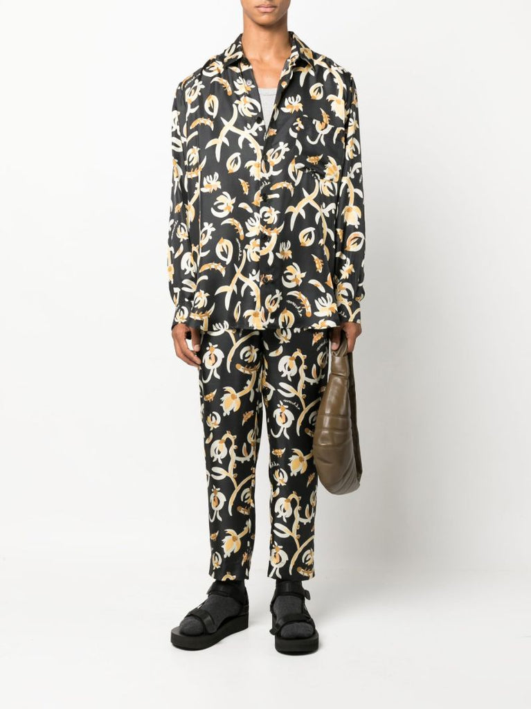Black Jain Floral Print Silk Track Pants