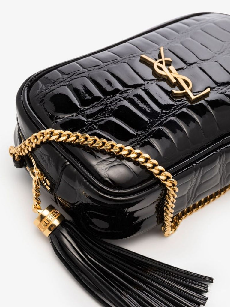 Black Lou Mini Mock Croc Patent Leather Camera Bag