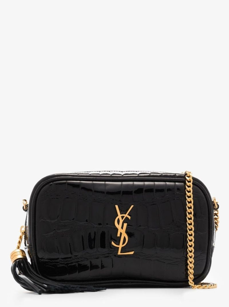 Black Lou Mini Mock Croc Patent Leather Camera Bag