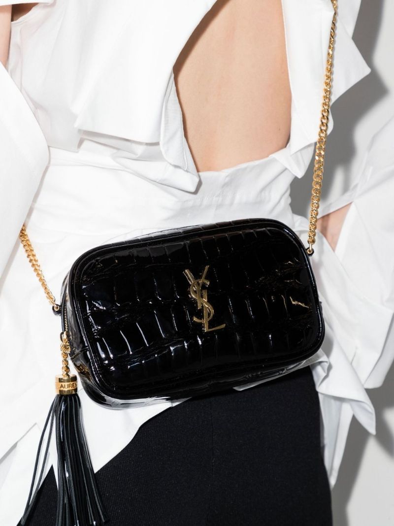 Black Lou Mini Mock Croc Patent Leather Camera Bag