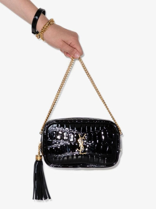 Black Lou Mini Mock Croc Patent Leather Camera Bag