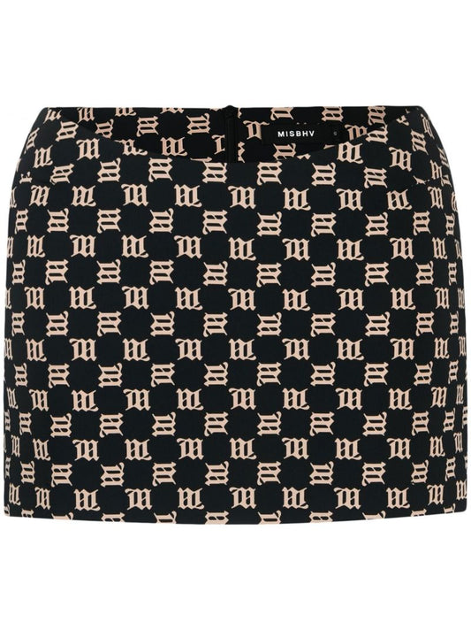 Black Monogram Print Mini Skirt