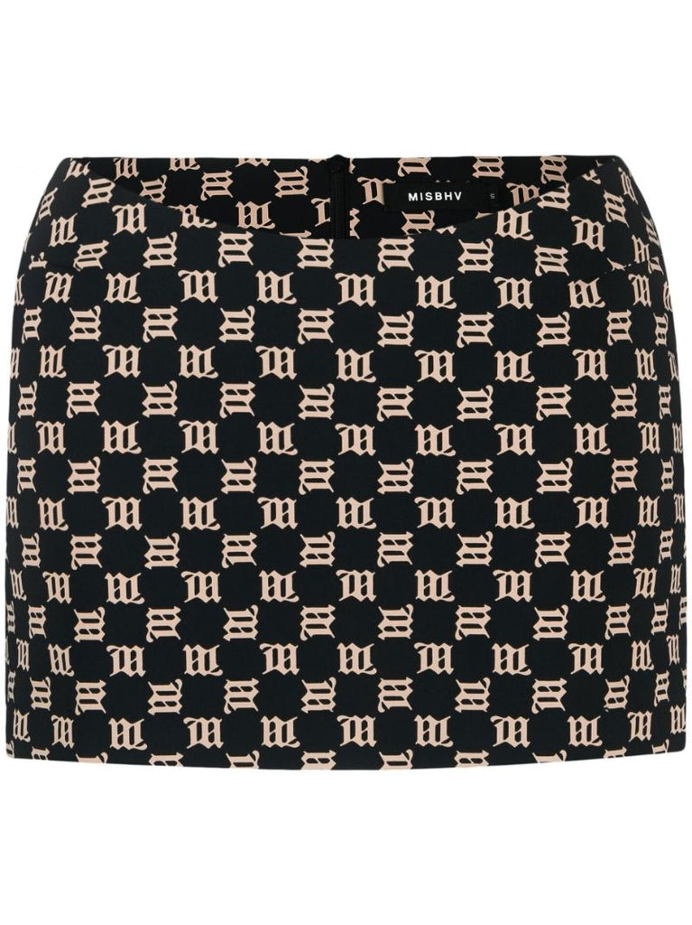 Black Monogram Print Mini Skirt