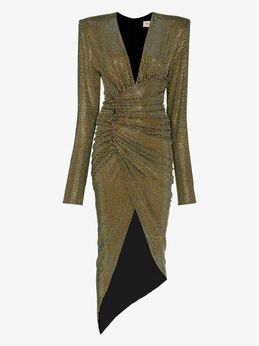 Yellow Embellished Plunge Neck Dress