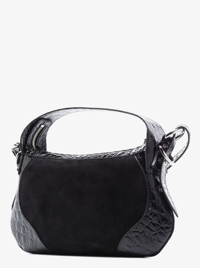 Black Mock Croc and Suede Shoulder Bag