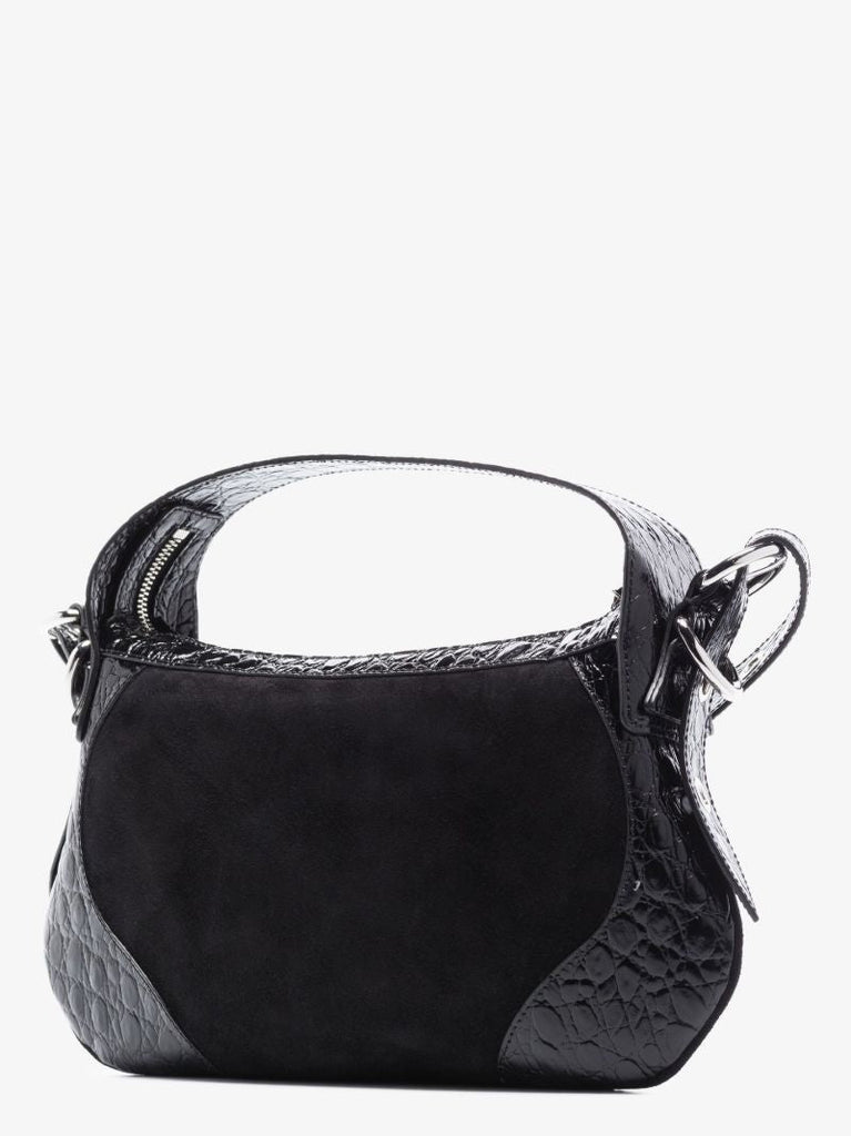 Black Mock Croc and Suede Shoulder Bag
