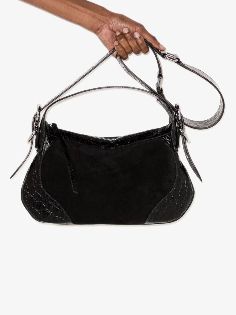 Black Mock Croc and Suede Shoulder Bag