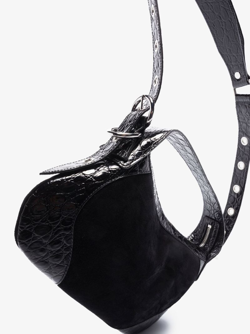 Black Mock Croc and Suede Shoulder Bag