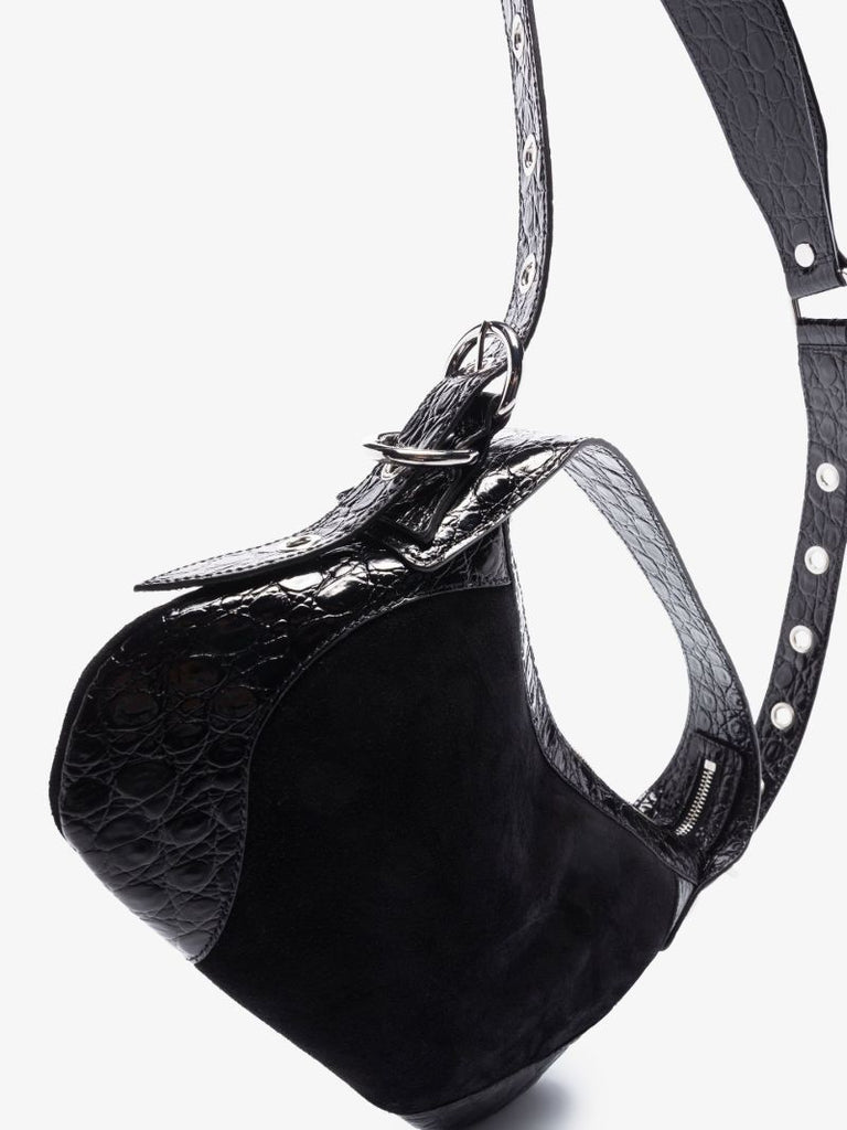 Black Mock Croc and Suede Shoulder Bag