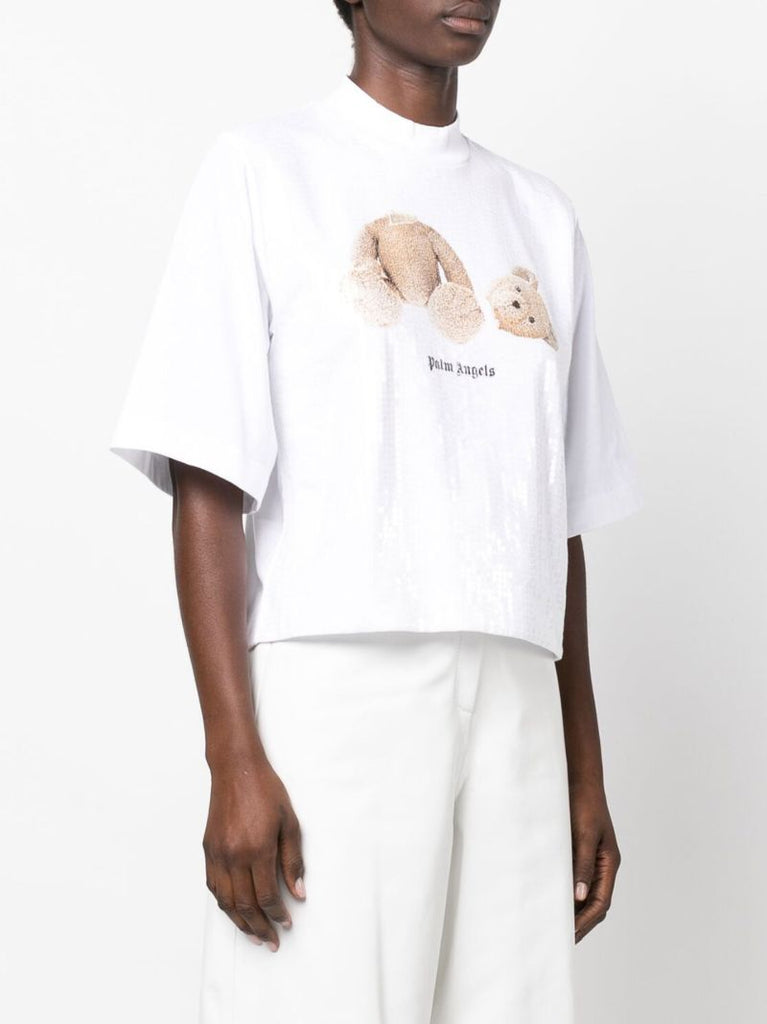 White Teddy Bear Sequin Cotton T-shirt