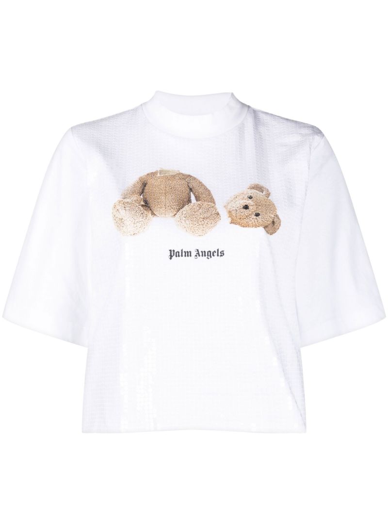 White Teddy Bear Sequin Cotton T-shirt