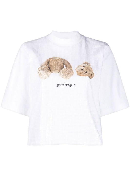 White Teddy Bear Sequin Cotton T-shirt