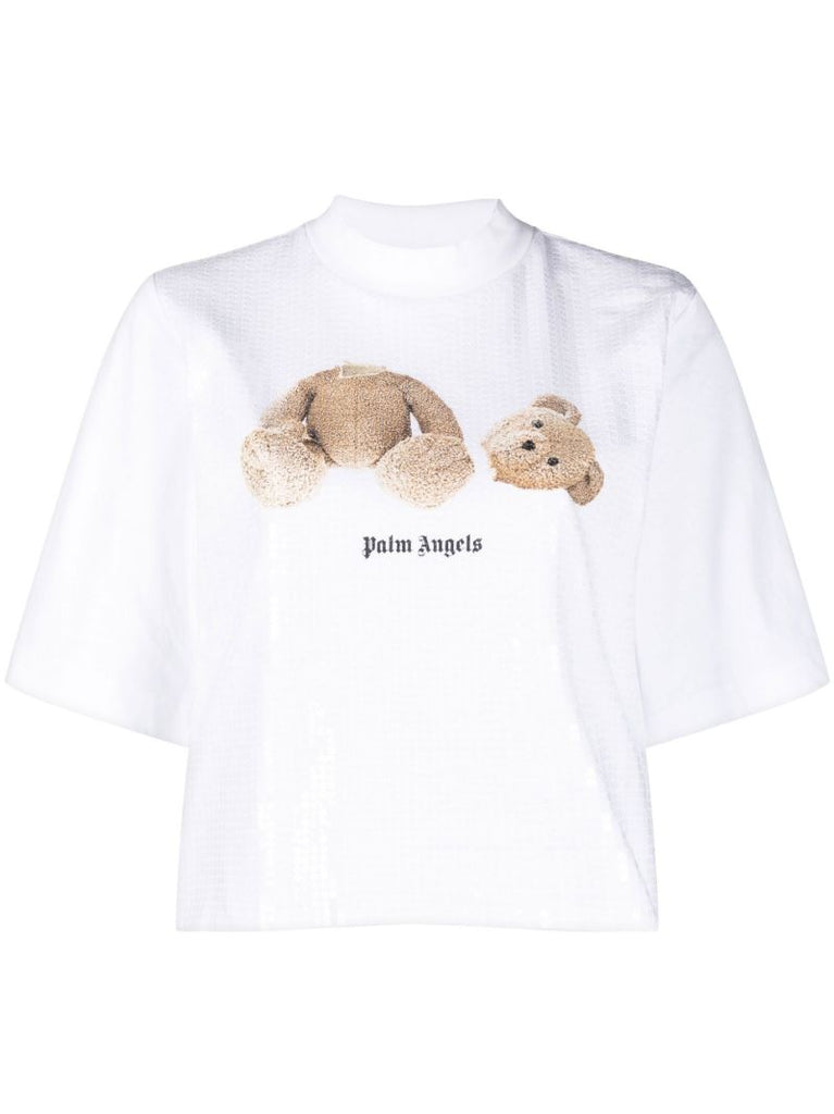 White Teddy Bear Sequin Cotton T-shirt