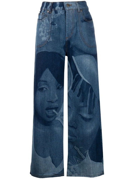 Blue Lolly Printed Wide-leg Jeans