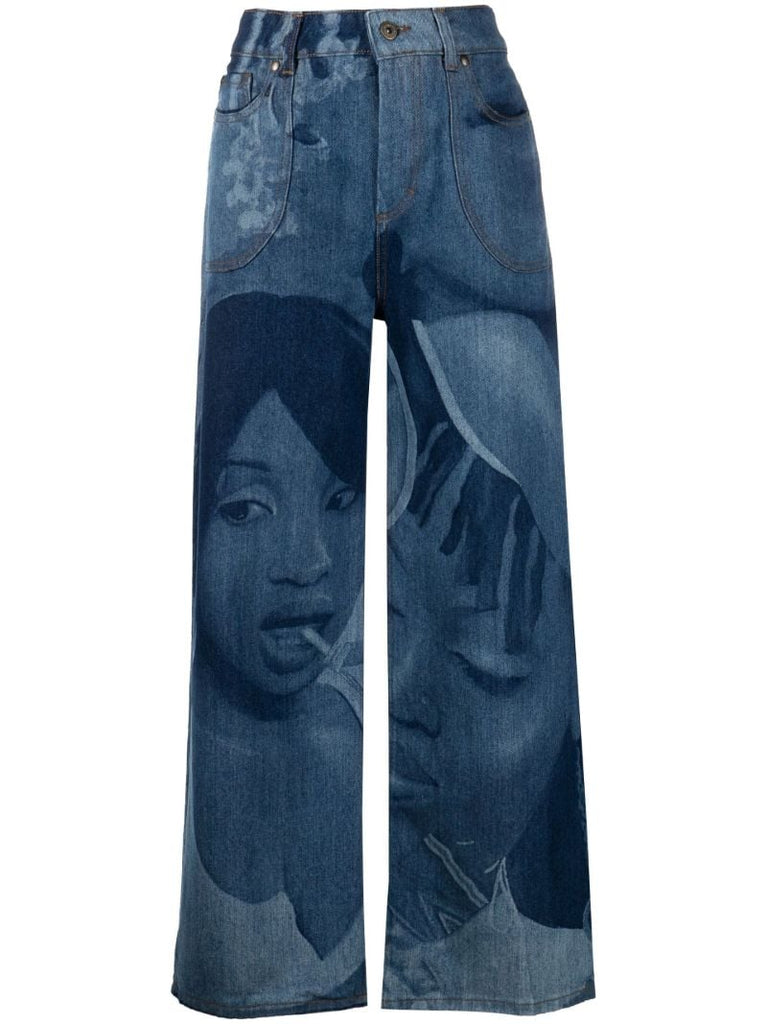 Blue Lolly Printed Wide-leg Jeans