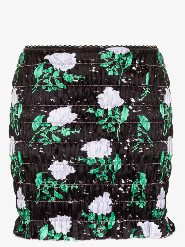 Black Floral Print Ruched Mini Skirt