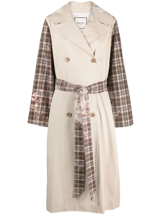 Neutral Checked Double-breasted Trench Coat