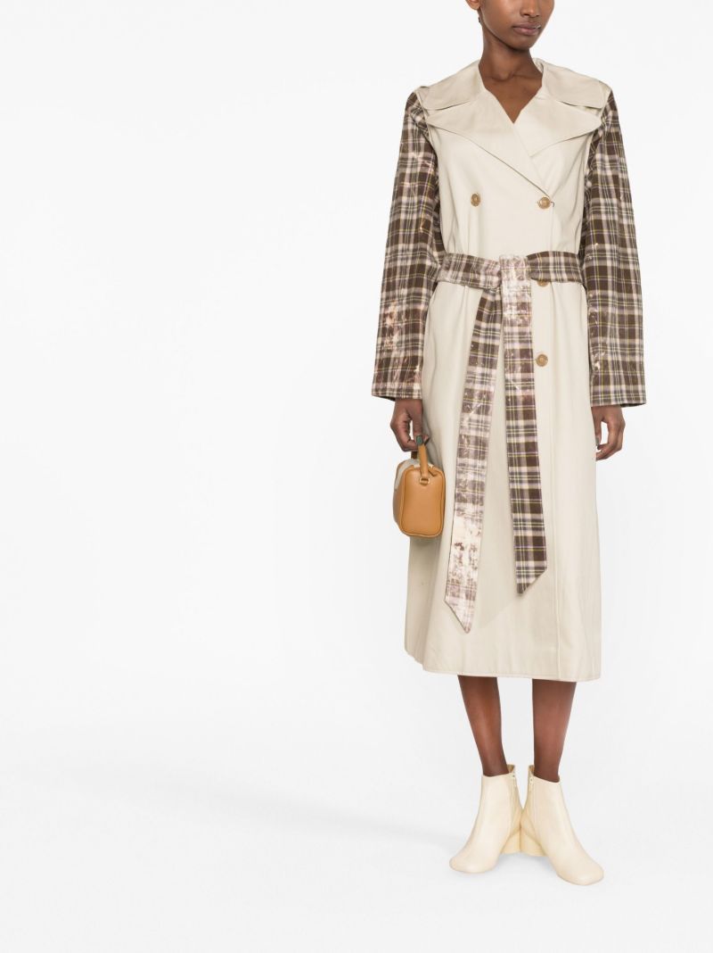 Neutral Checked Double-breasted Trench Coat